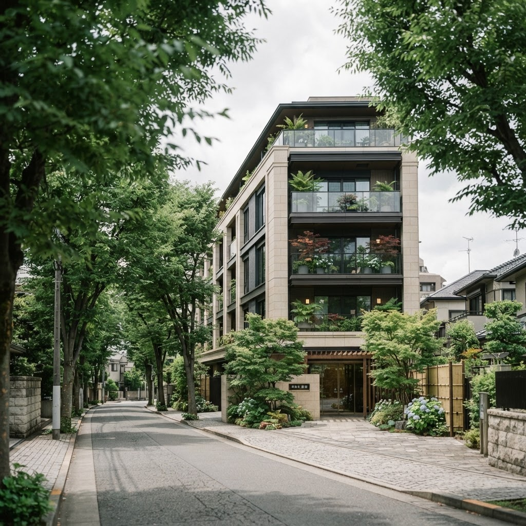 文京区の落ち着いた低中層マンションと街路樹のある静かな住宅街