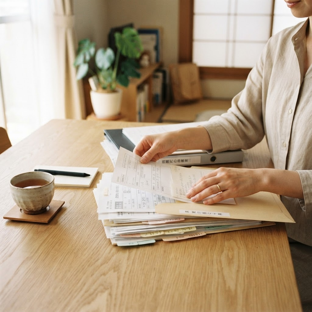自宅の机の上で書類を整理する手元