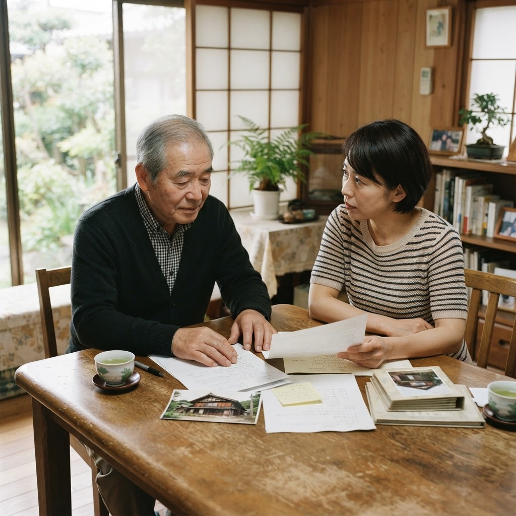 実家の今後を、親子で書類を見ながら話し合う様子