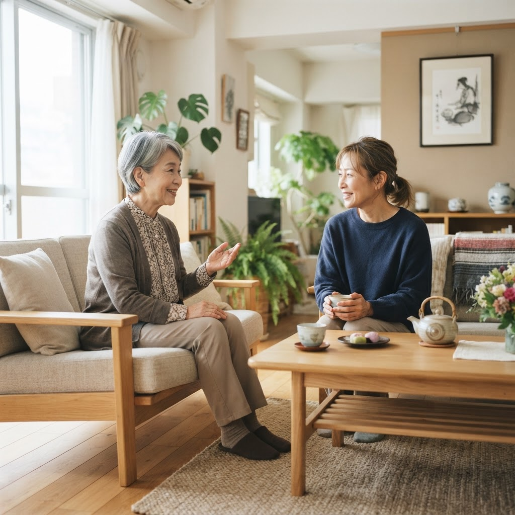 自宅で親と穏やかに会話する、50代の子世代