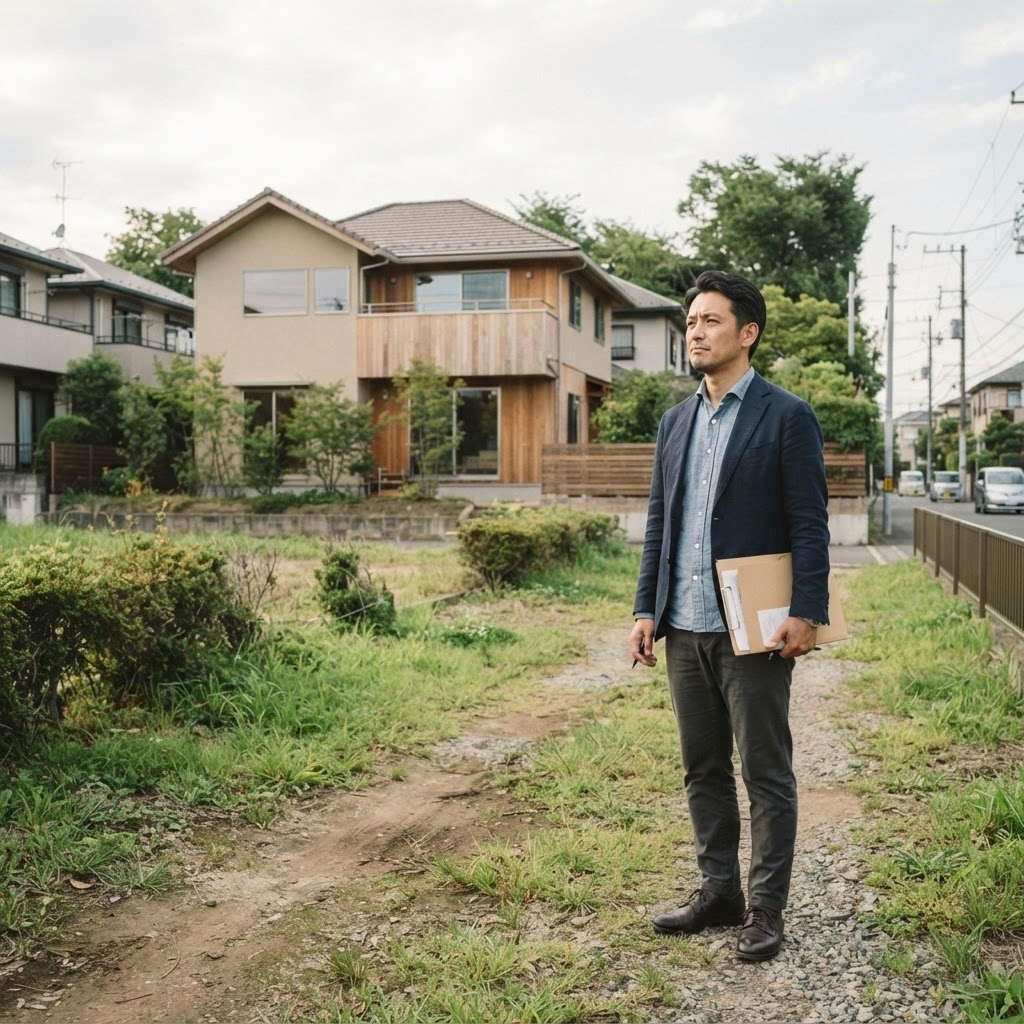 土地と建物を現地で確認している様子